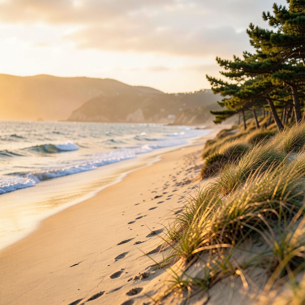 Image d'ambiance générée par l'outil : plage au coucher du soleil, dune couverte d'oyats et pins en surplomb.