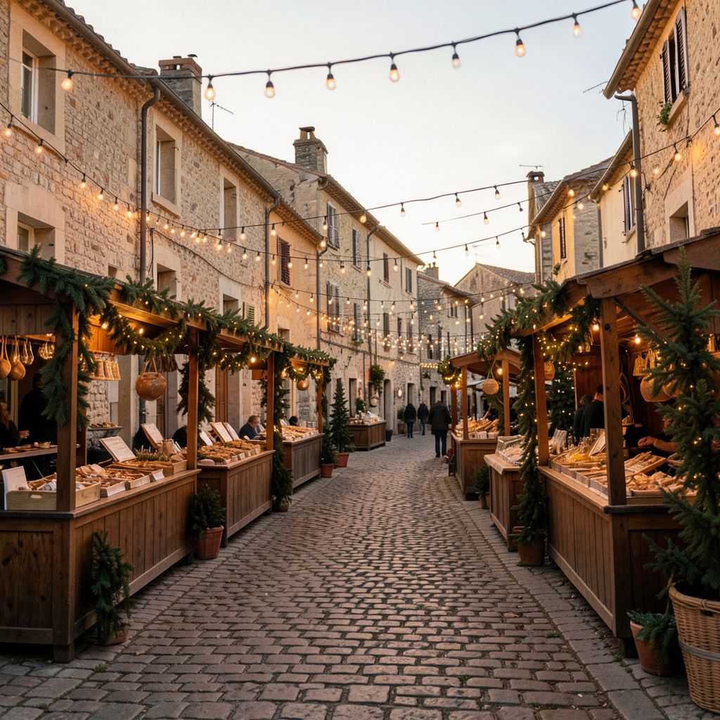 Image d'ambiance générée par l'outil : ruelle pavée bordée de chalets de marché sous des guirlandes lumineuses.