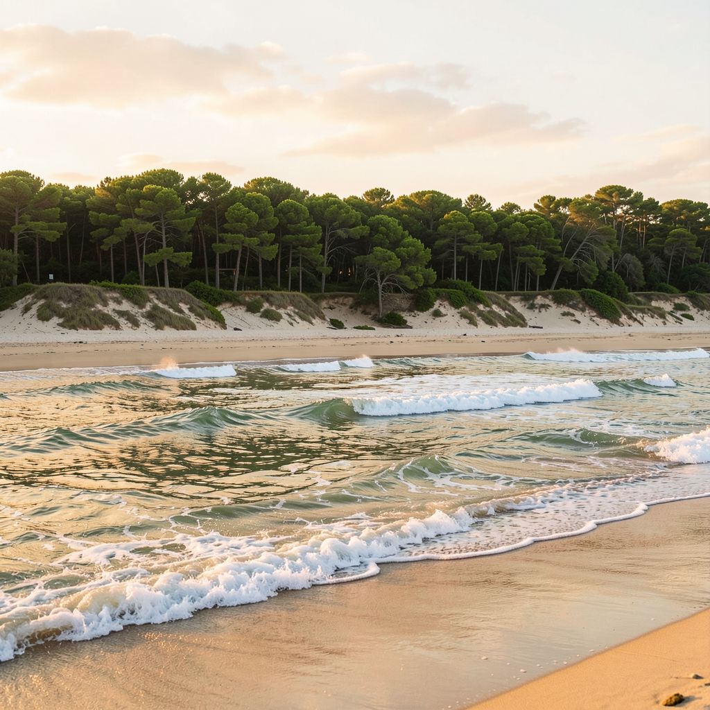 Image d'ambiance générée par l'outil : vagues sur une plage bordée d'une forêt de pins, lumière de fin de journée.